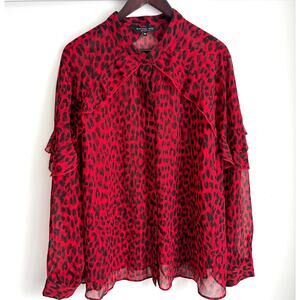 Rachel Roy Plus Sz 22W Sheer Red Black Leopard Ruffle Blouse Holiday Party Top